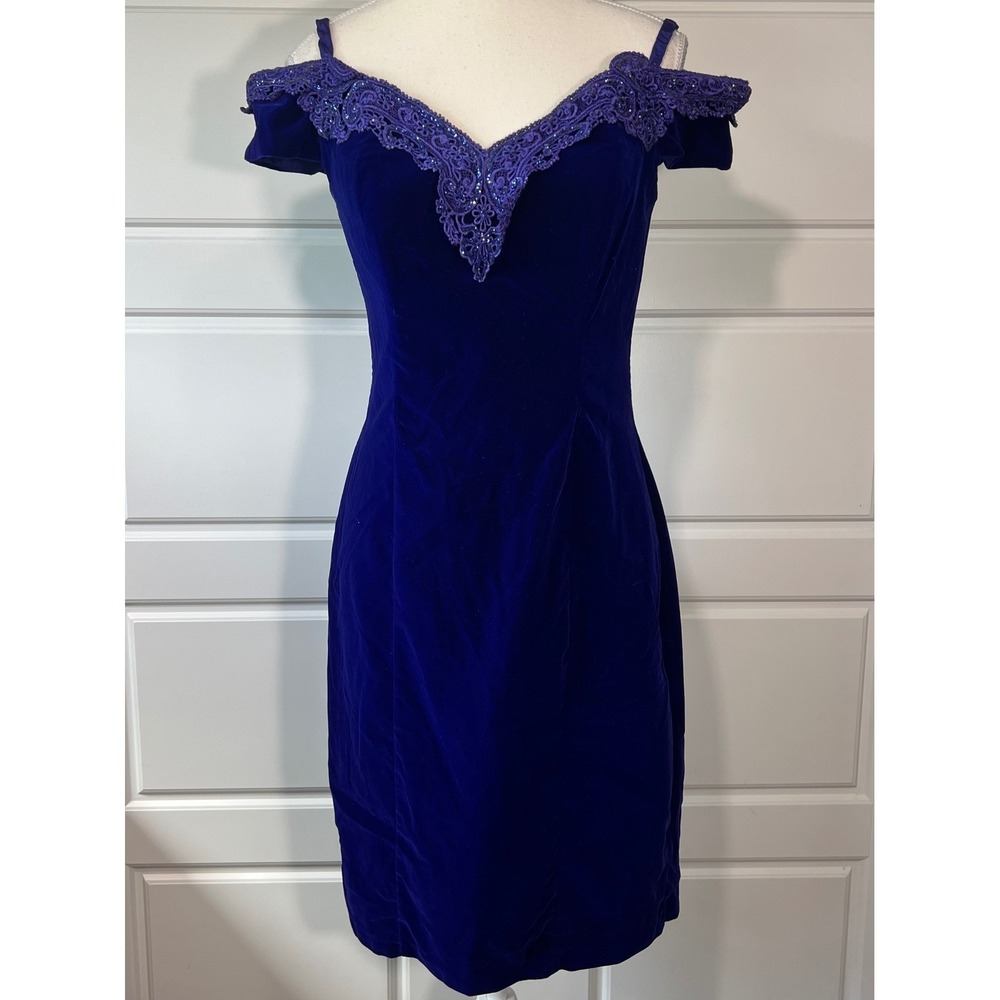 Zum‎ Zum Blue Velvet Corset Formal Dress Off Shoulder Lace Trim Prom Size 9/10